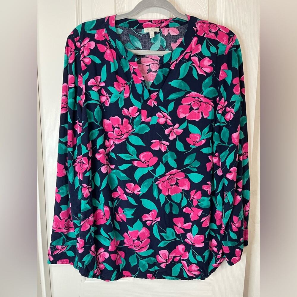 Talbots Bluish Black Pink  Green Romantic Floral V Neck Blouse Large Petite